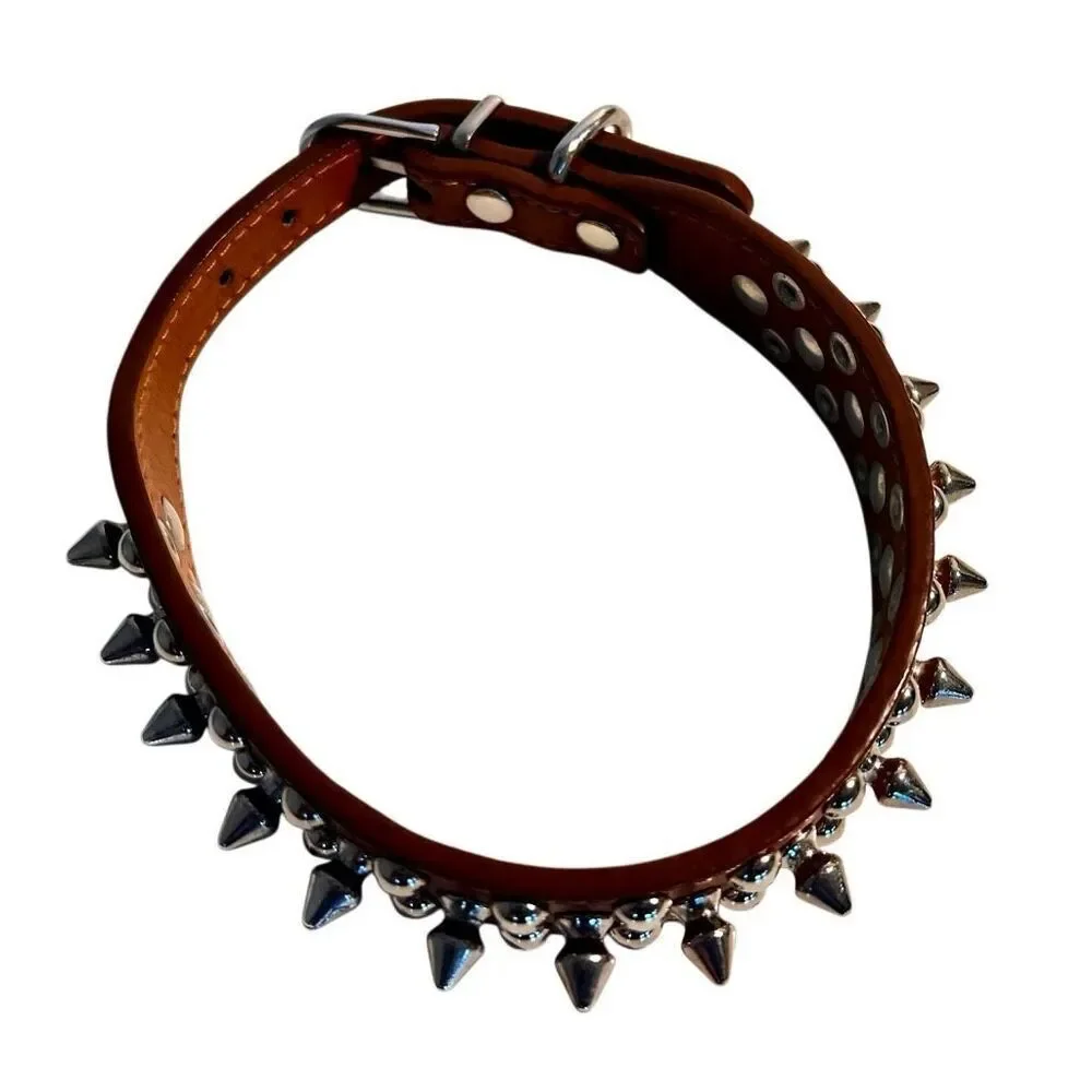 Triple Threat Light Brown Leather Silver Metal Spiked Studded Dog Collar